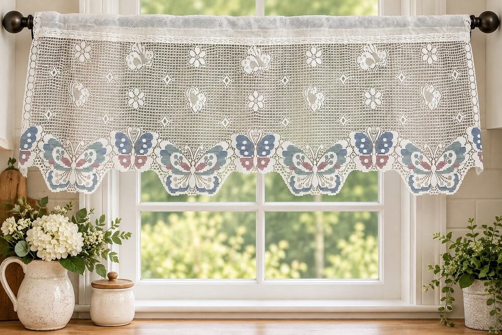 White Lace Butterfly Valance Pastel Blue Mauve Cottagecore Window Curtain